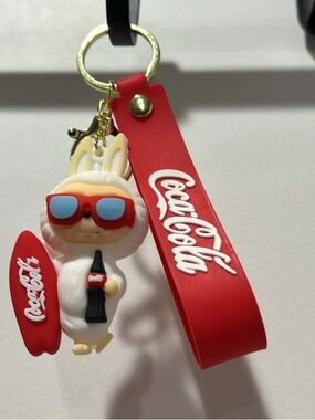Coca Cola Red White Labubu Bunny Surfboard Keychain with Red Strap
